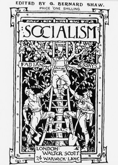 Obálka časopisu Fabian Society „Socialism“, editoval G. B. Shaw. Alegorie představuje privilegium na vrcholu stupnice symbolizující kapitál a dohlížející na dělníky se dvěma zbraněmi. Rytina. od Unknown artist