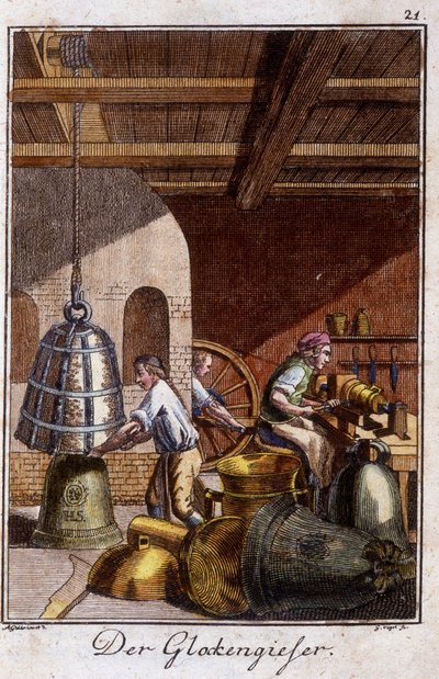 Řemeslné řemeslo: zvonař ve své dílně. V „“ Komplexní popis umění a řemesel a workshopů pro mladé lidi“ od Johana Petera Vue. Ed. Norimberk, Weigel a Schneider od Unknown artist