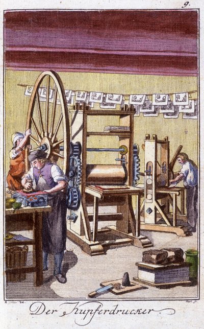 Řemeslné řemeslo: mědirytec ve své dílně. V „“ Komplexní popis umění a řemesel a dílen pro mladé lidi“ od Johana Petera Virea. Ed. Norimberk, Weigel a Schneider od Unknown artist