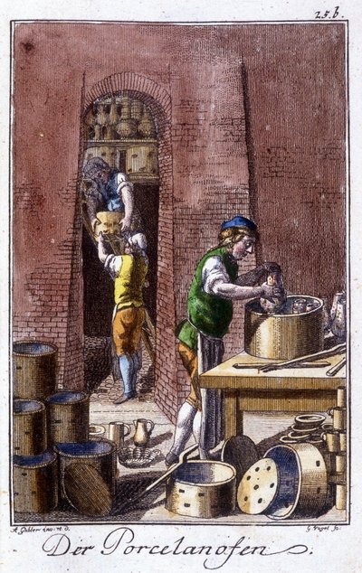 Řemesla: výrobce porcelánu ve své dílně. V „“ Komplexní popis umění a řemesel a workshopů pro mladé lidi“ od Johana Petera Vue. Ed. Norimberk, Weigel a Schneider od Unknown artist