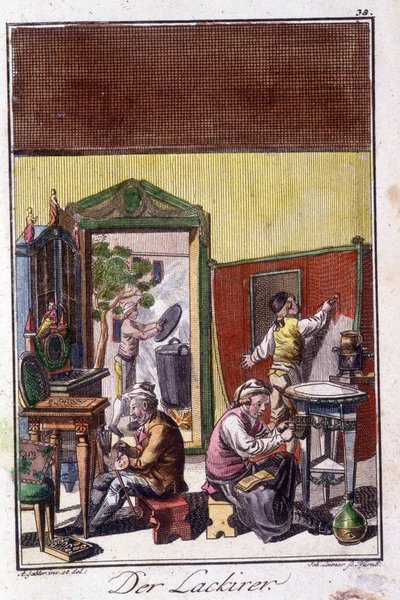 Řemesla: lakýrník ve své dílně. V „“ Komplexní popis umění a řemesel a workshopů pro mladé lidi“ od Johana Petera Vue. Ed. Norimberk, Weigel a Schneider od Unknown artist