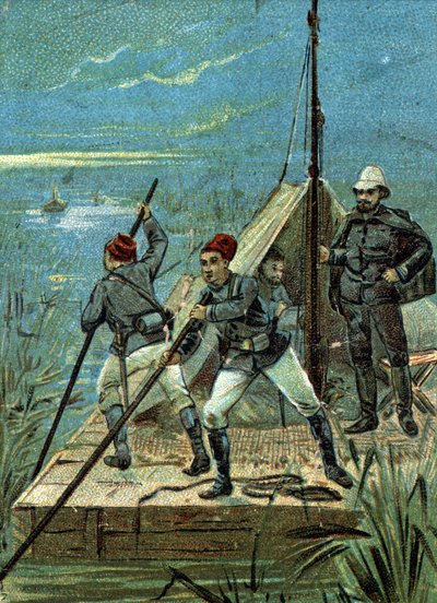 Přechod přes močály Bahr el Ghazal v Africe misií Marchand v roce 1899. Liebigova chromolitografie 19. století od Unknown artist