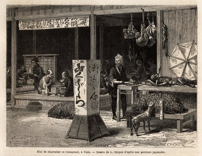 Zákazníci jedí sedící na pódiu restaurace a soused řezník přítomný kolemjdoucím, pod velkým zvonem z bambusového pletiva zavěšený kanec, jeho nejlepší kusy zvěře, jako je veverka, zajíc nebo opice, jejichž lezecké stěny se stávají od Unknown artist