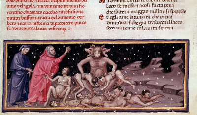 Dante a Virgil potkají Ciacca a Cerbere s nenasytným (píseň 9 z pekla, v Božské komedii) - miniatura od Unknown artist