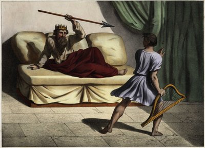 David hrál na cithar před králem Saulem, aby ho uklidnil. Anonymní rytina z poloviny 19. století. od Unknown artist