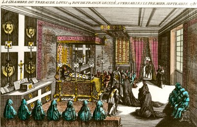 Smrt krále Ludvíka XIV.: zádušní komnata Ludvíka XIV. (1638-1715), známý jako král Soleil, odchází do Versailles dne 1. 9. 1715. Rytina soukromé sbírky z 18. století od Unknown artist