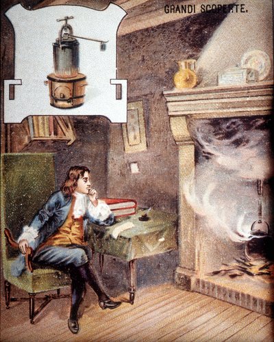 Denis Papin (1647 - 1714) vynalezl hrnec. (předchůdce kokosového ořechu) Chromolitografie 19. století. od Unknown artist