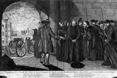 Deportace jezuitů 21.7.1773: Vyhnání jezuitů ze států španělského krále, Neapole a Parmského vévodství, jejich řády byly ve Francii a Portugalsku zakázány. Rytina z počátku 19. století od Unknown artist