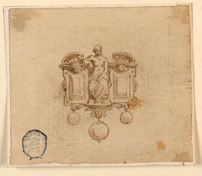 Design pro brož se ženou v rozbitém pedimetu od Unknown artist