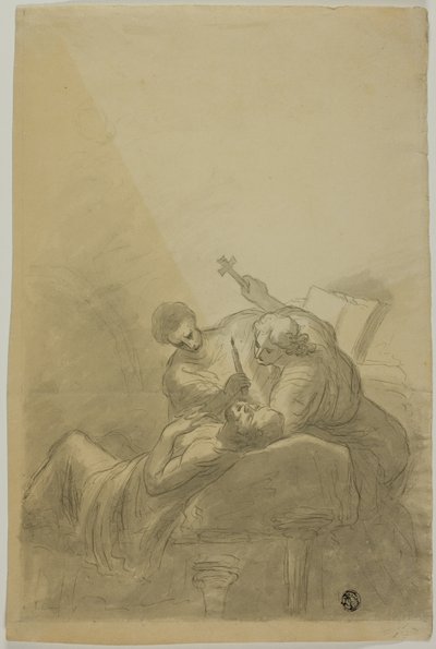 Umírající muž navštěvovaný dvěma postavami držícími svíčku, knihu a kříž od Unknown artist