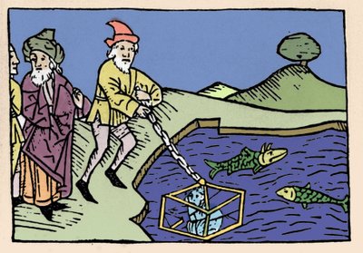 Císař Alexandr Veliký (356-323 př. n. l.) vložil do moře v sudu (zvon). Xylografie 15. století. od Unknown artist