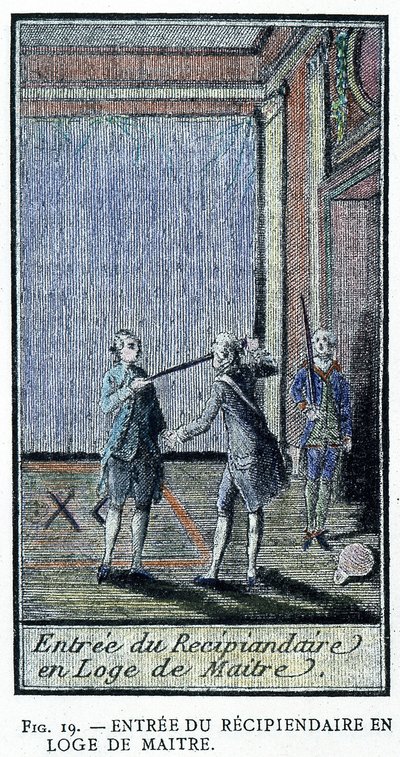Vstup Příjemce do Mistrovy lóže – z rytiny z „Adonhiramitského zednářství“ od rytíře všech zednářských řádů od Unknown artist