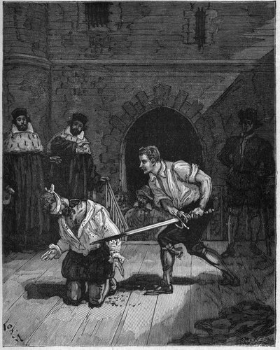 Poprava Charlese de Gontaut Biron (1602): marechal Charles de Gontaut Biron, guvernér Burgundska (1562 - 1602) s hlavou za spiknutí proti francouzskému králi Jindřichu IV. (1553-1610). Rytina 19. století. V „Histoire de France“ od Ju od Unknown artist