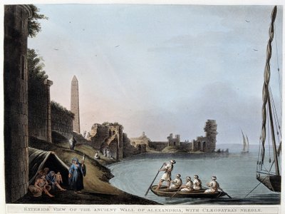Vnější pohled na starověkou alexandrijskou zeď s Kleopatřinou jehlou (hradby a obelisk) - v “” Pohledy do Egypta, Palestiny a dalších částí Osmanské říše”” od Unknown artist