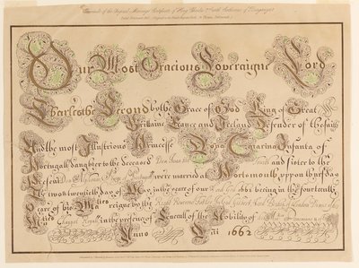 Faksimile originálu oddacího listu Karla II. a Kateřiny Portugalské od Unknown artist