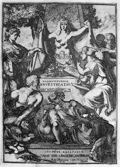 Falešný název díla „Investigato Arcanorum“ od holandského obchodníka a učence Antoina van Leeuwenhoeka (nebo Leeuvenhoek Leeuwenhoeck) (nebo Antoniho nebo Anthonie) (1632-1723) 1722. od Unknown artist