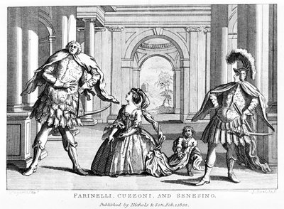 Farinelli (Carlo Broschi, dit; 1705 - 1782) se sopranistkou Cuzzoni a kastrátem Francescem Bernardem Senesinem (1680 - 1750) v opeře George Fredericka Händela (Georg Friedrich Handel od Unknown artist