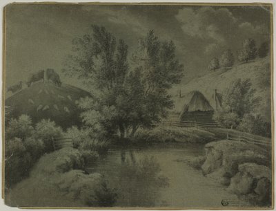 Farma s rybníkem v popředí, krávy pasoucí se na kopci od Unknown artist