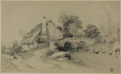 Farma s doškovou střechou poblíž kamenného mostu od Unknown artist