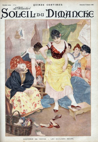 Móda konce 19. století: nové boty z Benátek. Ženy zkoušející boty z italského města. Rytina v „“Le sun-du-dimanche“, 8. října od Unknown artist