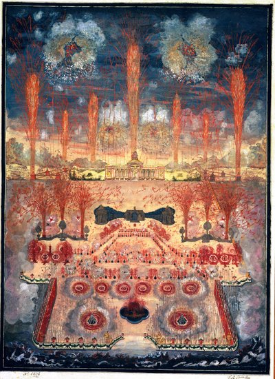 Ohňostroj a iluminace 16. června 1744 v Moskvě (Rusko). Anonymní práce, akvarel a kvaš na kartonu, polovina 18. století. Rokokové umění. Státní historické muzeum, Moskva. od Unknown artist