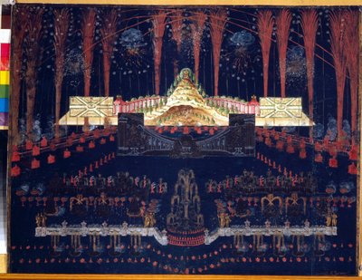Ohňostroje a iluminace 25. dubna 1742 v Moskvě (Rusko). Anonymní práce, akvarel a kvaš na kartonu, polovina 18. století. Rokokové umění. Státní historické muzeum, Moskva. od Unknown artist