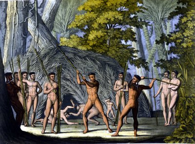 Boj mezi botocudy, indiány z Brazílie - v „“Starém a moderním kostýmu““ od Ferrario, ed. Milán od Unknown artist
