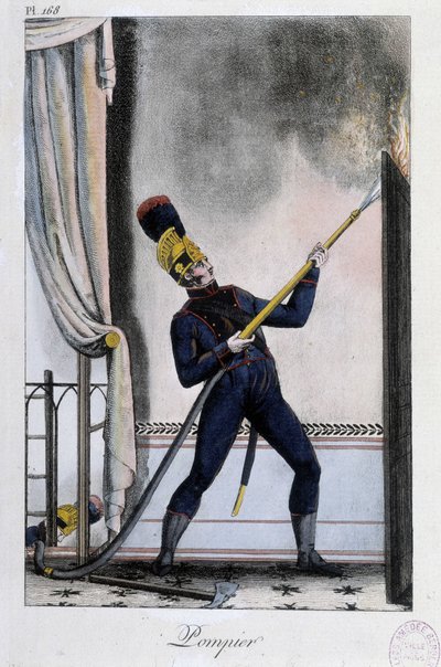 Hasič s vodní kopí, hašení požáru - ca. 1830 od Unknown artist