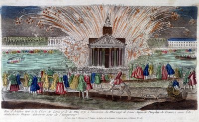 Ohňostroj odpálený na Place de Louis XV dne 30. května 1770 u příležitosti sňatku Ludvíka Augusta, francouzského dauphina s arcivévodkyní Marií Antoinettou, sestrou císaře. Rytina konce 18. století. od Unknown artist