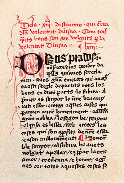 První strana vydání „Knihy kontemplace o Bohu“ (Osvobození od kontemplace o Bohu) katalánský filozof a mystik Ramon Llull (Raymond Lulle). od Unknown artist