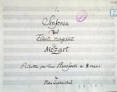První strana symfonické partitury redukována na dva klavíry a osm rukou Die Zauberflote, Mozartova opera, verze Lichtenthal (19. století) od Unknown artist