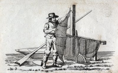 Rybář a síť na ryby. Jemná rytina 18. století. Soukromá sbírka. od Unknown artist