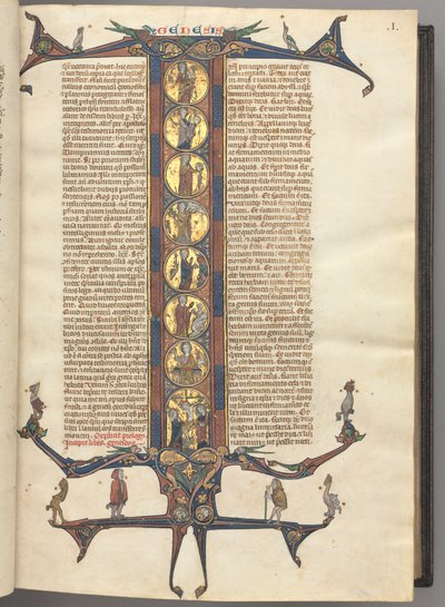 Fol. 1r, Genesis, s celoplošnou historizující iniciálou I, zobrazující Stvoření světa a Ukřižování, vše na leštěném zlatém podkladu, s růžovými a modrými diaperovanými rámečky a nahoře a dole s hrotitými dračími a listovými nástavci, na nichž sedí var. od Unknown artist