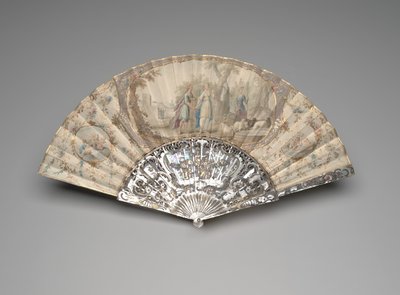 Skládací vějíř s Jacobem, který se setkává s Rachel u studny, cca 1760-70 (kvaš a akvarel na jednom pergamenovém listu, perleť, zlacení a vložené drahokamy) od Unknown artist