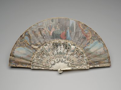 Skládací vějíř se scénou hráčů karet v módním interiéru, cca 1740-50 (kvaš a akvarel na jednom pergamenovém listu, slonovina nebo kost, zlacení, kvaš, hedvábí a mosaz) od Unknown artist