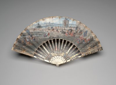 Skládací vějíř s výhledem na Pont Neuf, kolem 1755-60 (kvaš a akvarel na dvojitém pergamenovém listu, slonovina, zlacení, kvaš, perleť a drahokamy z pasty) od Unknown artist