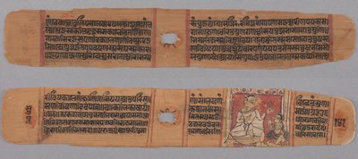 Folio 141, z Kalpa-sútry a příběhu o Kalakačárjovi: Mnich držící květ uctívaný laickým žákem (verso). od Unknown artist
