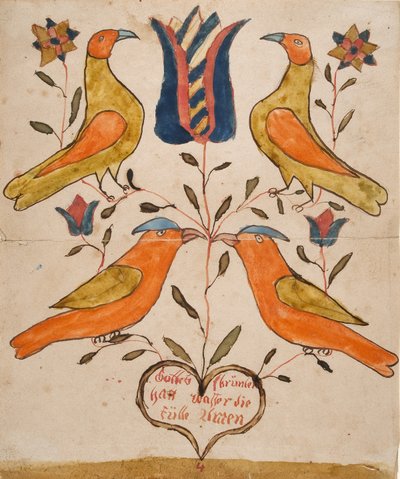 Čtyři ptáci, tulipán a srdce od Unknown artist