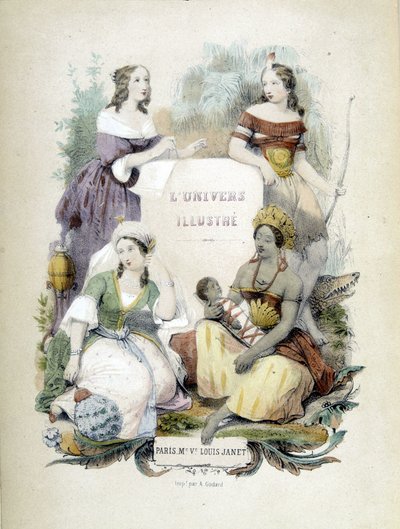 Čtyři ženy reprezentující čtyři světové strany - přední díl knihy „The Illustrated Universe: Living Geography“, od Alfreda des Essarts od Unknown artist