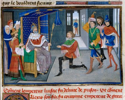 Čtvrtá křížová výprava: reprezentace Alexise IV Angel (1182-1204) je císařskou korunou vedle svého otce Izáka II. poté, co se mu v roce 1203 podařilo dostat ho z vězení. Miniatura z „“ Chronicle abregee“ od Davida Auberta od Unknown artist
