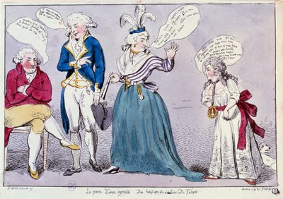 Francouzská revoluce: Kreslený film proti rodině královny Marie Antoinetty (1755-1793) a Ludvíka XVI. zavřených ve věznici Temple. Královna a králova sestra Madame Elisabeth se hádají pod očima ostatky krále. Jejich slova jsou napsána v bublinách od Unknown artist