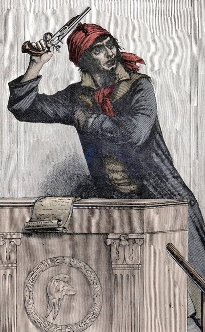 Francouzská revoluce: Portrét Jeana Paula Marata (1743-1793), zástupce Montagnarda v Konventu, vystřelí pistoli na pódium - od Unknown artist