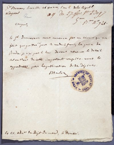 Francouzská revoluce: ručně psaný dopis ze dne 26.2.1793 od denomme Merlin o dobytí města Breda v Holandsku dne 24. února generálem Dumouriezem. Archiv departementu Nord Lille od Unknown artist