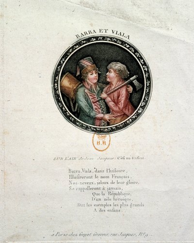 Francouzská revoluce: zastoupení Barra a Viala. Joseph Agricol Viala (1780-1793) a Joseph Bara (1780-1793), děti hrdinů Francouzské revoluce, kteří bojovali v Marseille a ve Vendee za Republiku. Rytina 18. století od Unknown artist