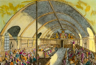 Francouzská revoluce: reprezentace zasedání politické společnosti „Societe des amis de la Constitution“ nebo Club des Jacobins založené ve Versailles v roce 1789 a v Paříži v říjnu 1789 v klášteře jakobínů zde zastoupených. Rytina z 18 od Unknown artist