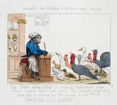 Francouzská revoluce: “” the Assembllee des notables du 22 February 1787”” Karikatura představující krále Ludvíka XVI. v opičí kuchařce předsedající shromáždění složenému z krůt, slepic, hus a krůt. Kresba 18. století. Pařížské Musée Carnavalet od Unknown artist