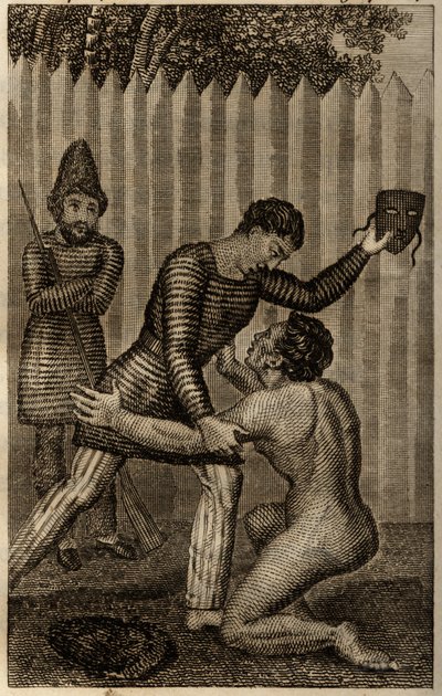 Pátek je vhozen do náruče Robinsona Crusoe, rytina vložena do „Les aventures de Robinson Crusoe“ od Daniela Defoe od Unknown artist