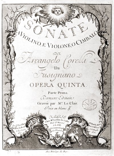 Frontispice 12 sonát pro housle, bas a cembalo od Arcangela Corelliho (1653 - 1713). Francouzská verze. od Unknown artist