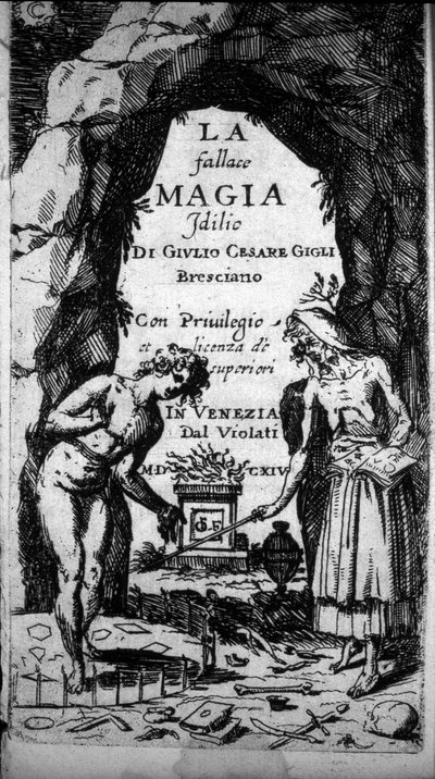 Frontispice knihy zobrazující čarodějnice provádějící magické obřady od Unknown artist