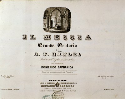 Frontispice partitury „Mesiáš“ (The Messiah) naturalizovaného anglického německého skladatele George Fredericka Händela (Georg Friedrich Handel od Unknown artist